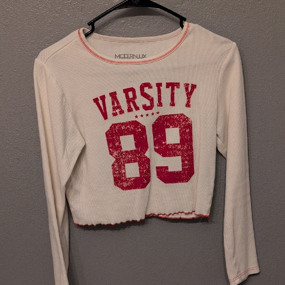 Modern Lux Women's White Varsity 89 Long Sleeve Tee
